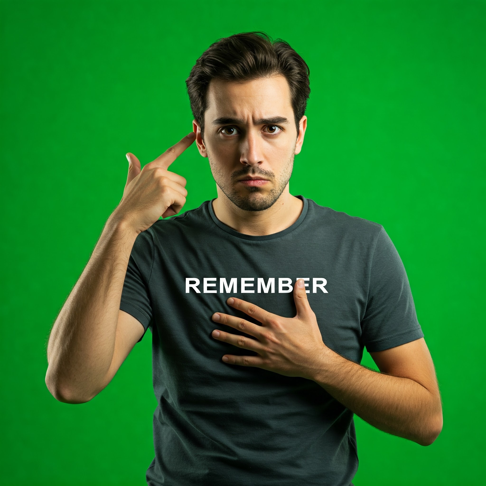 photo of Young Man Pointing to Temple with Remember T-Shirt on Green Screen